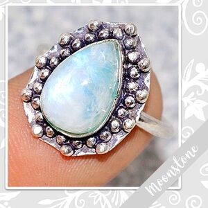 Rainbow Moonstone Silver Artisan Ring, Size 5 (Pearl White, Green, Blue-Violet)